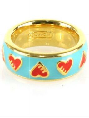 Coach Poppy Gold Tone Turquoise and Red Enamel Ring LIKE NEW